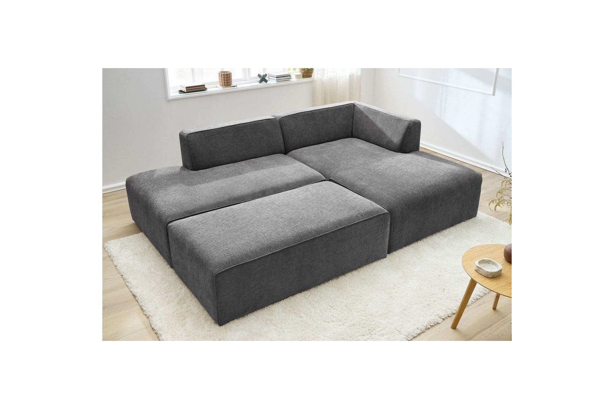 MEGEVE modular fixed corner sofa in textured fabric with pouffe - Right-hand corner - BOBOCHIC - The Bradery