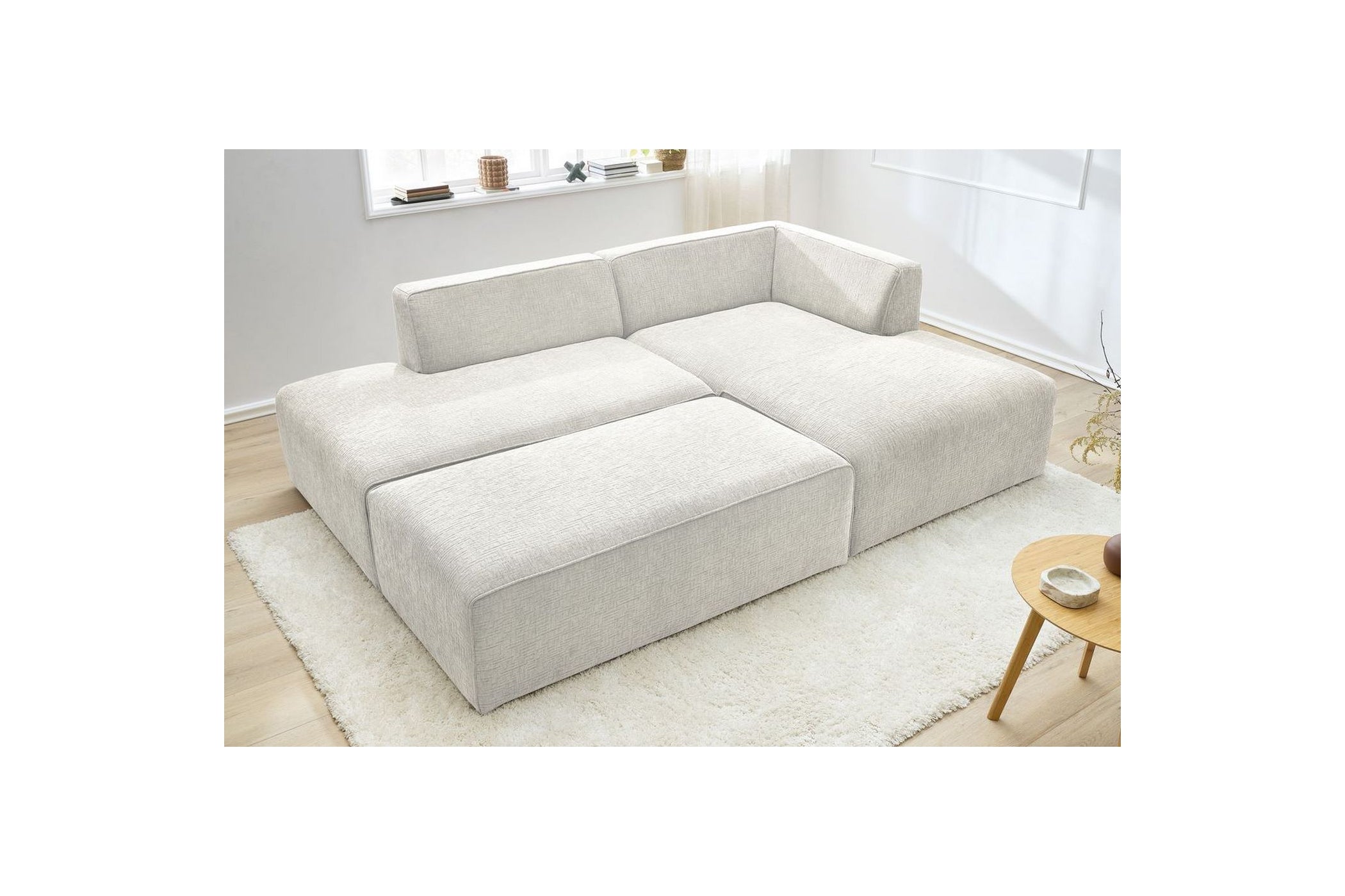 MEGEVE modular fixed corner sofa in textured fabric with pouffe - Right-hand corner - BOBOCHIC - The Bradery
