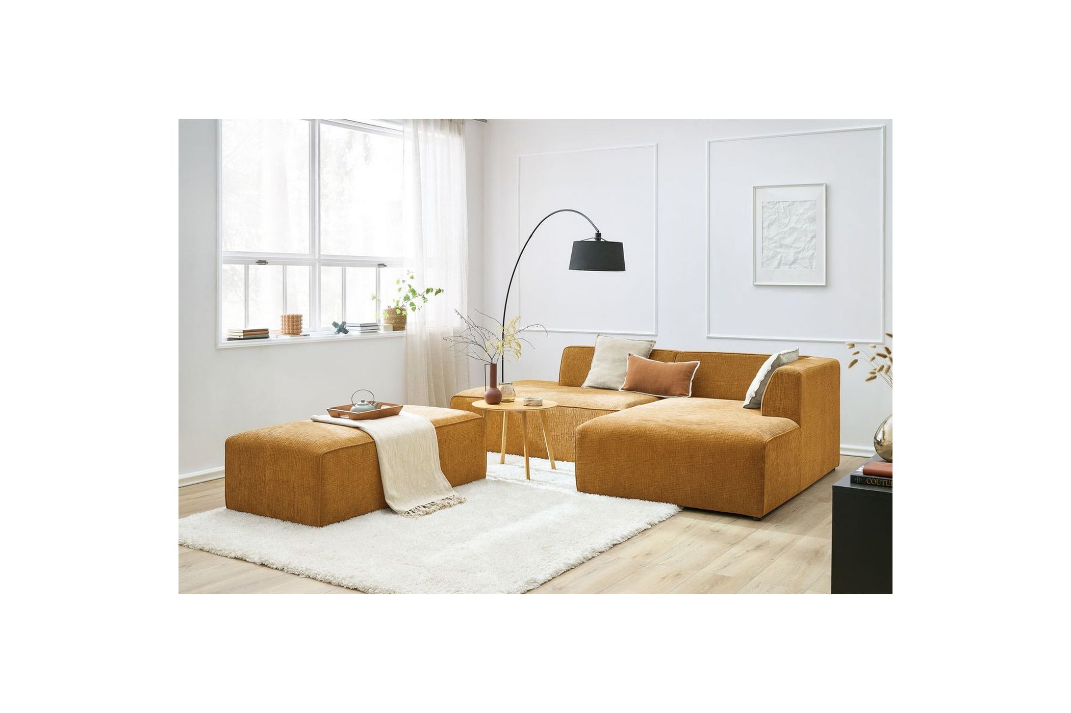 MEGEVE modular fixed corner sofa in textured fabric with pouffe - Right-hand corner - BOBOCHIC - The Bradery