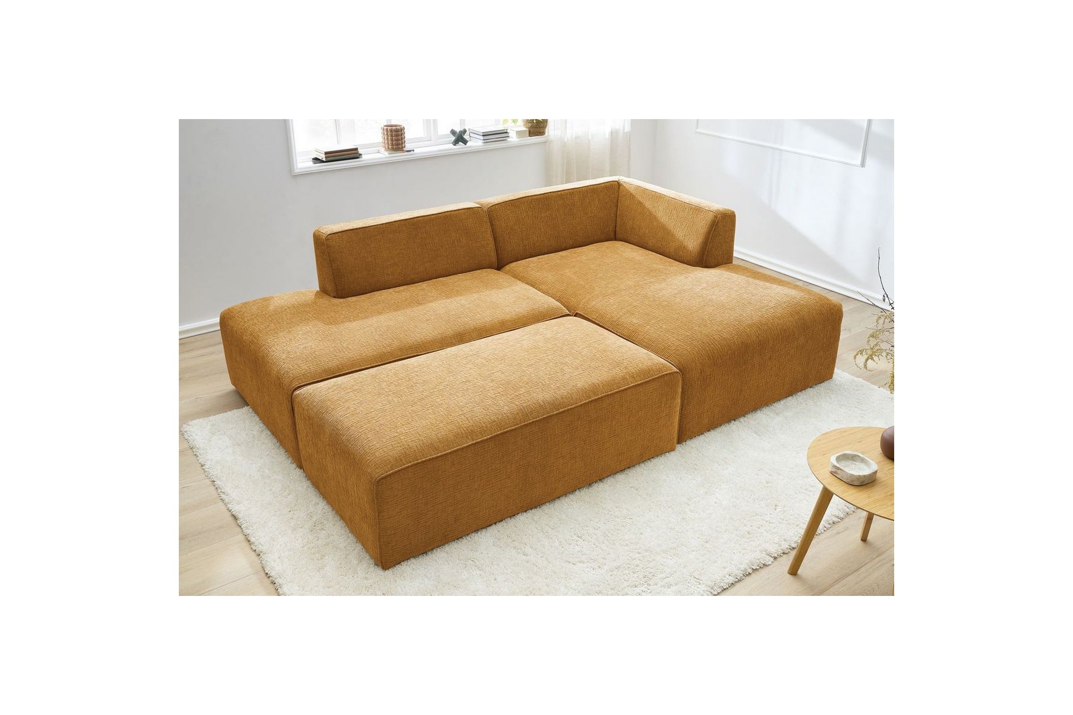 MEGEVE modular fixed corner sofa in textured fabric with pouffe - Right-hand corner - BOBOCHIC - The Bradery