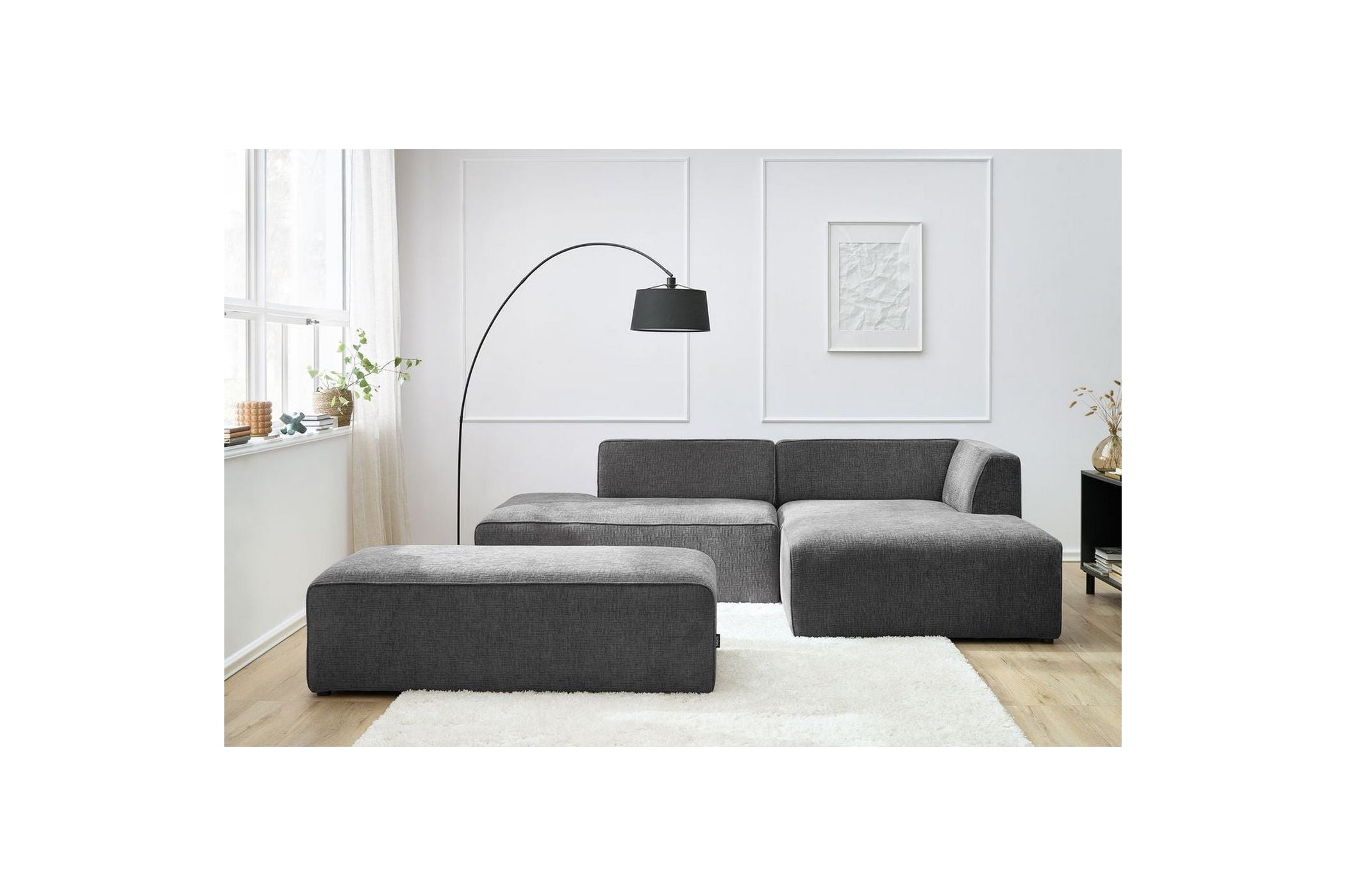 MEGEVE modular fixed corner sofa in textured fabric with pouffe - Right-hand corner - BOBOCHIC - The Bradery