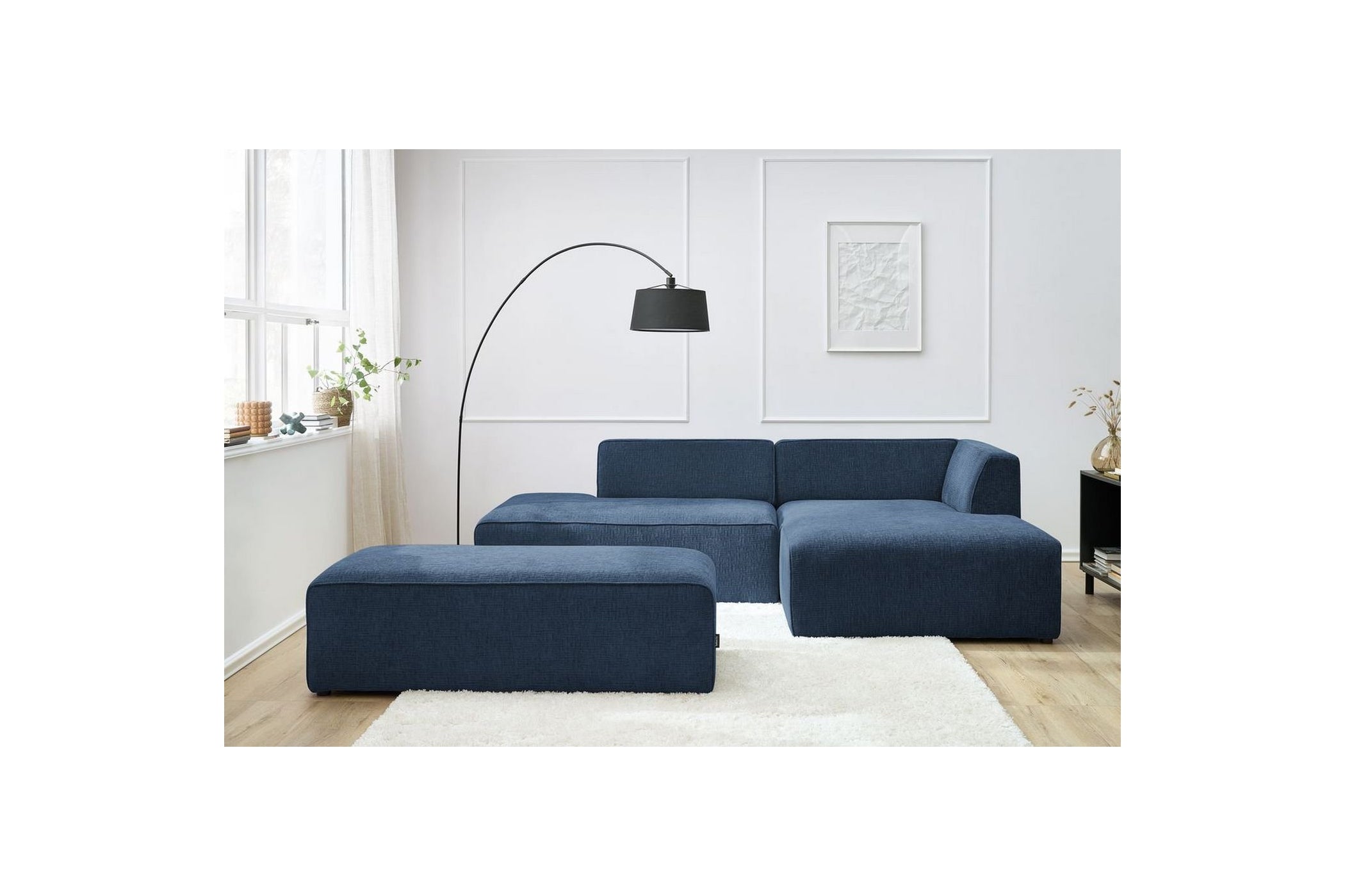 MEGEVE modular fixed corner sofa in textured fabric with pouffe - Right-hand corner - BOBOCHIC - The Bradery