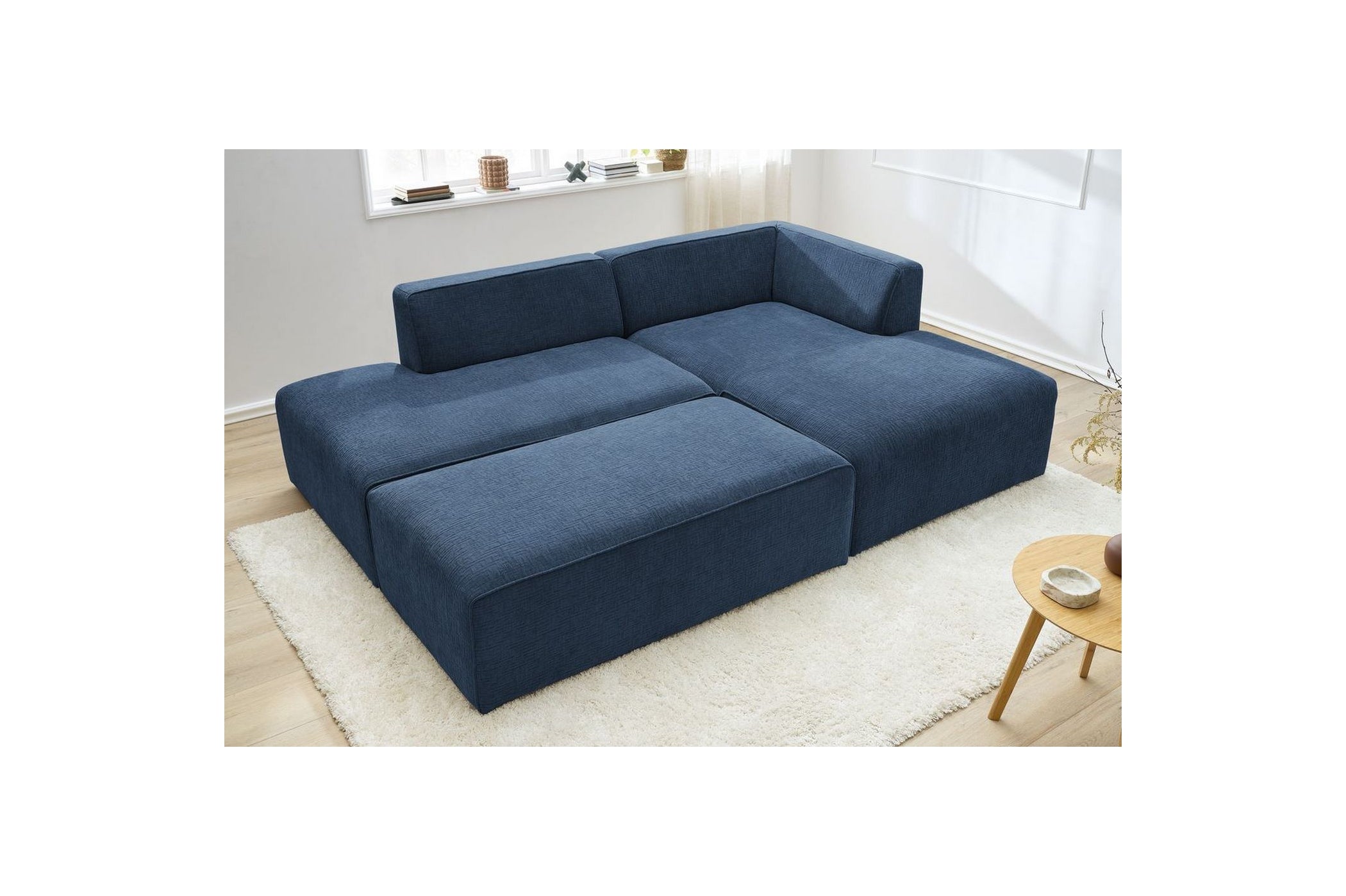 MEGEVE modular fixed corner sofa in textured fabric with pouffe - Right-hand corner - BOBOCHIC - The Bradery