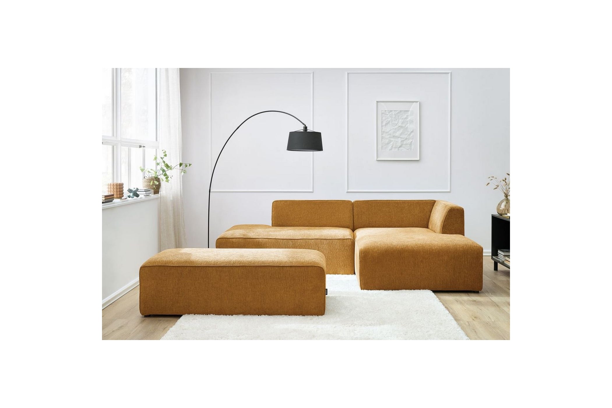 MEGEVE modular fixed corner sofa in textured fabric with pouffe - Right-hand corner - BOBOCHIC - The Bradery