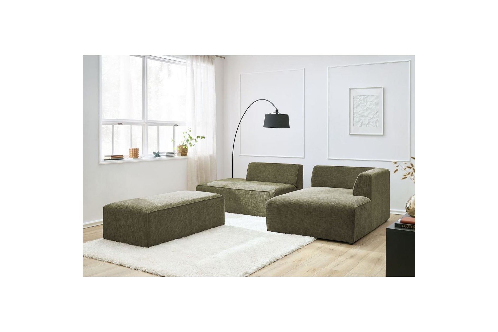 MEGEVE modular fixed corner sofa in textured fabric with pouffe - Right-hand corner - BOBOCHIC - The Bradery