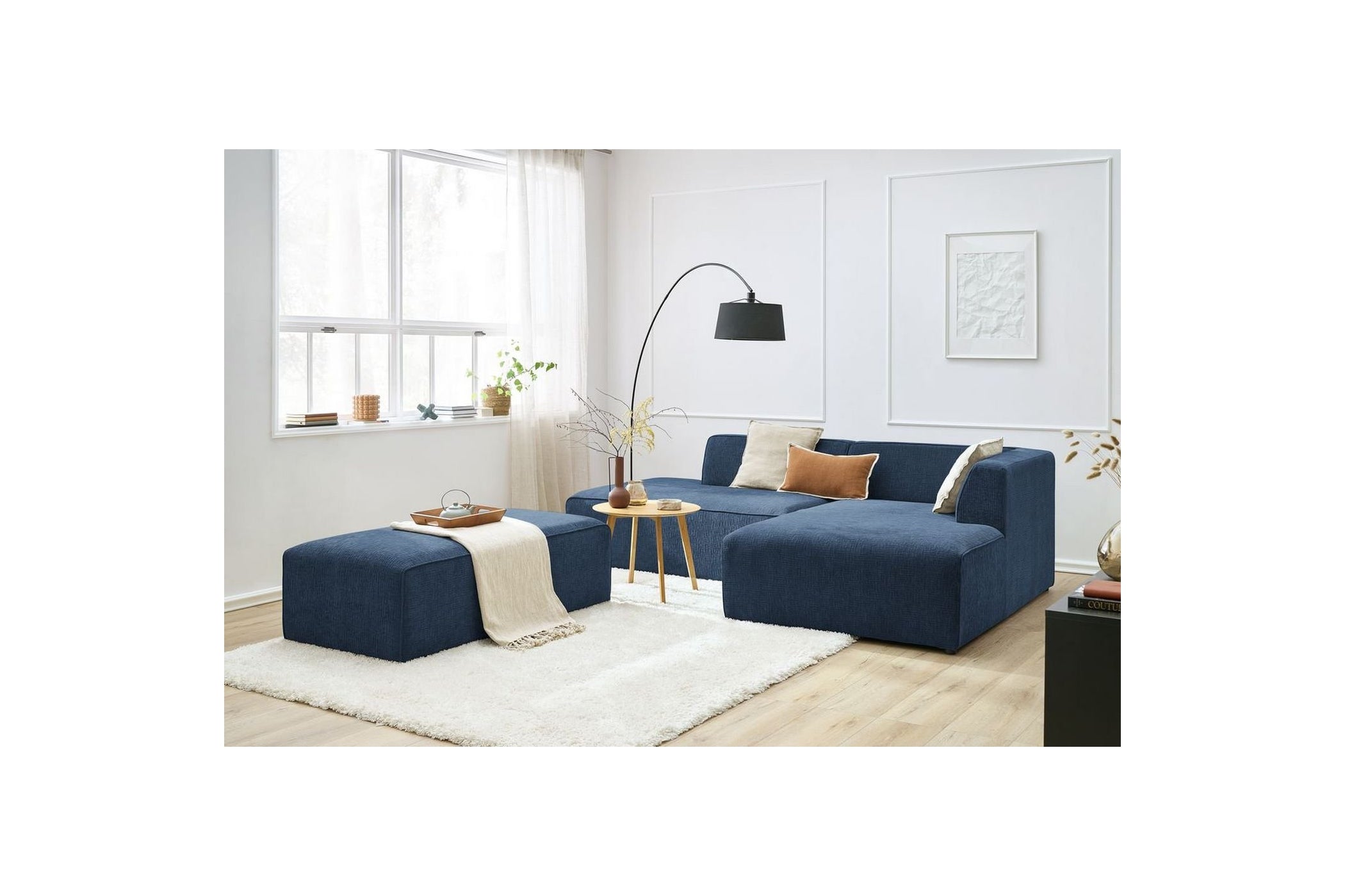 MEGEVE modular fixed corner sofa in textured fabric with pouffe - Right-hand corner - BOBOCHIC - The Bradery