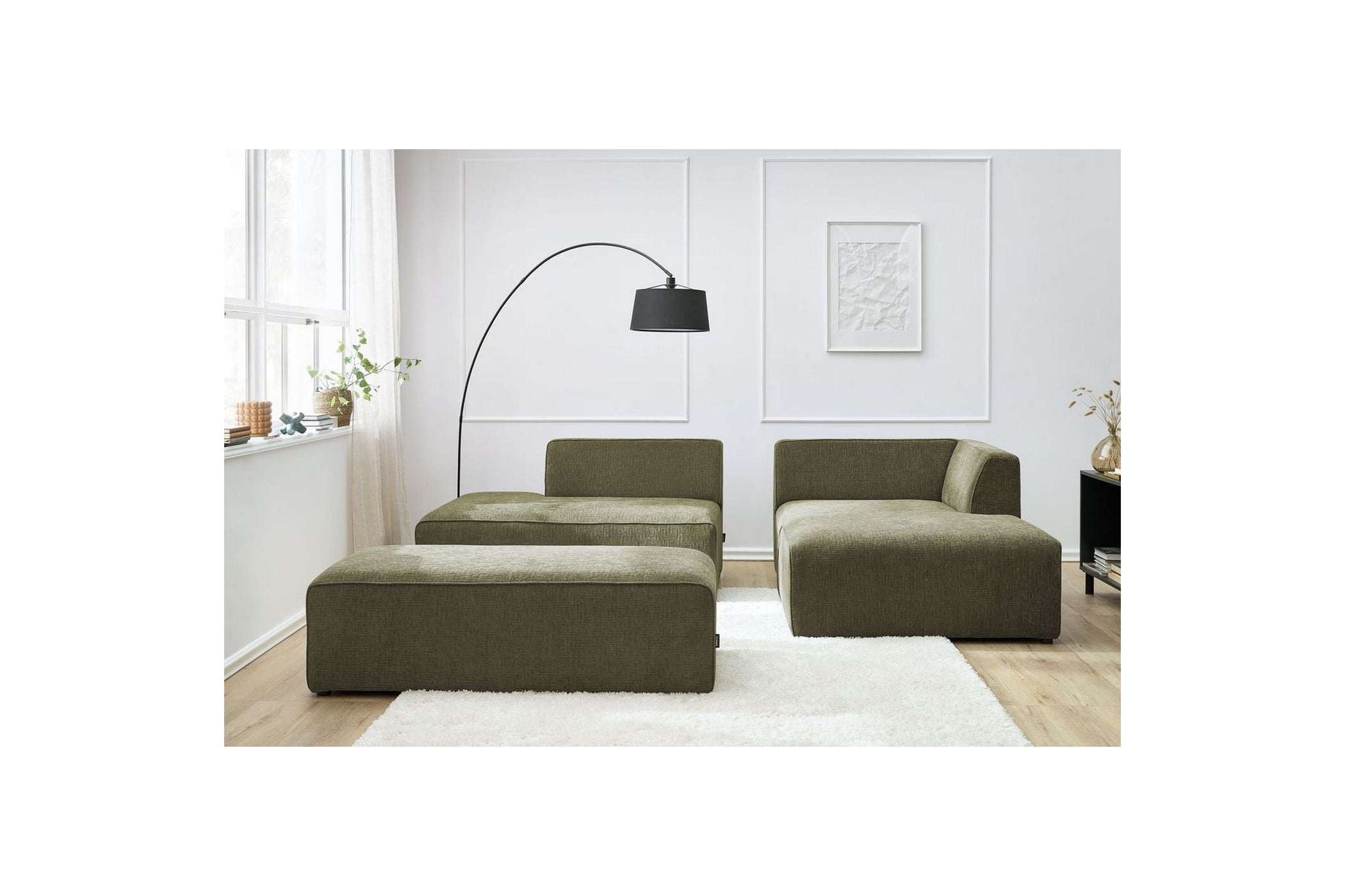 MEGEVE modular fixed corner sofa in textured fabric with pouffe - Right-hand corner - BOBOCHIC - The Bradery