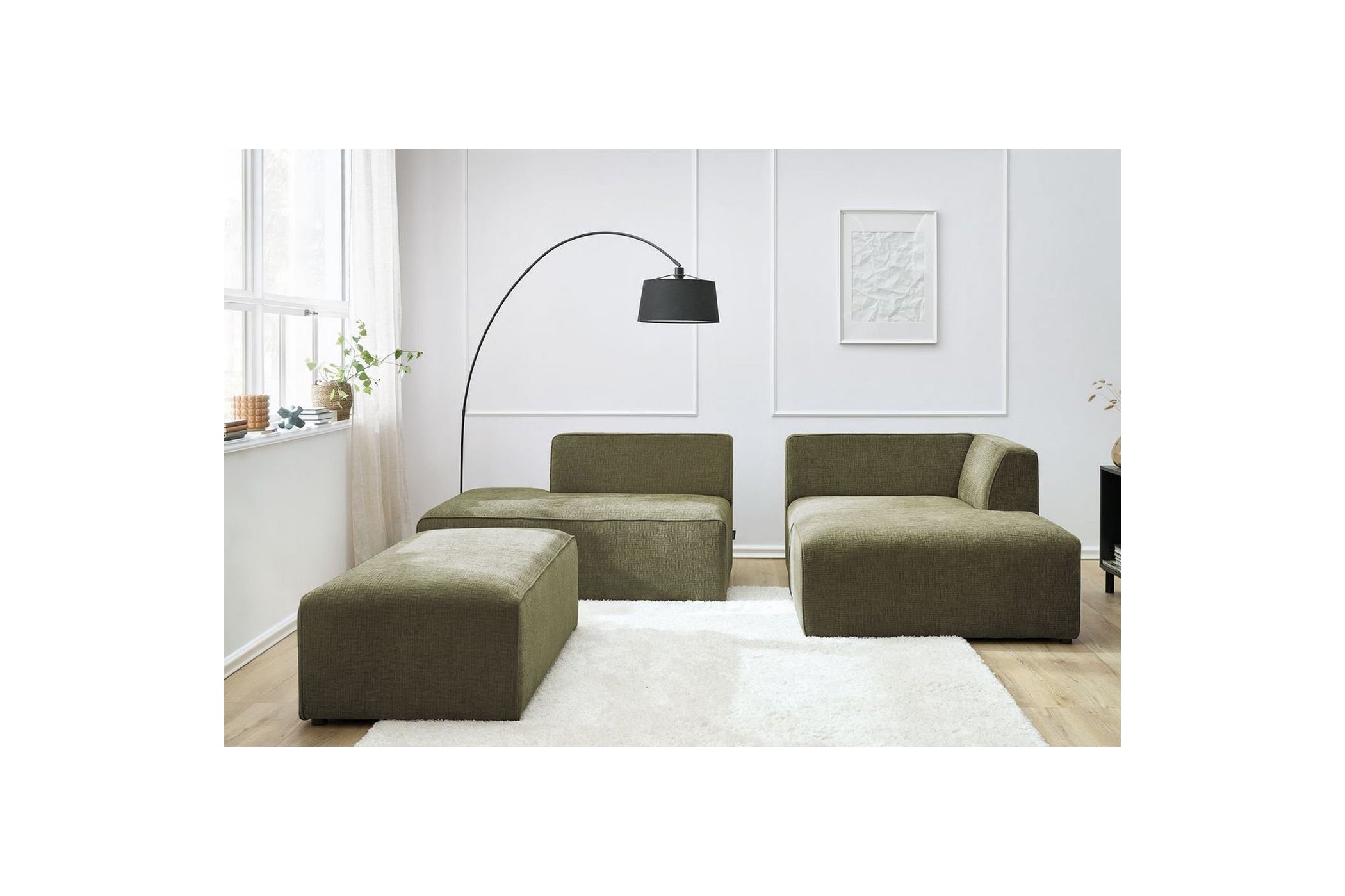 MEGEVE modular fixed corner sofa in textured fabric with pouffe - Right-hand corner - BOBOCHIC - The Bradery