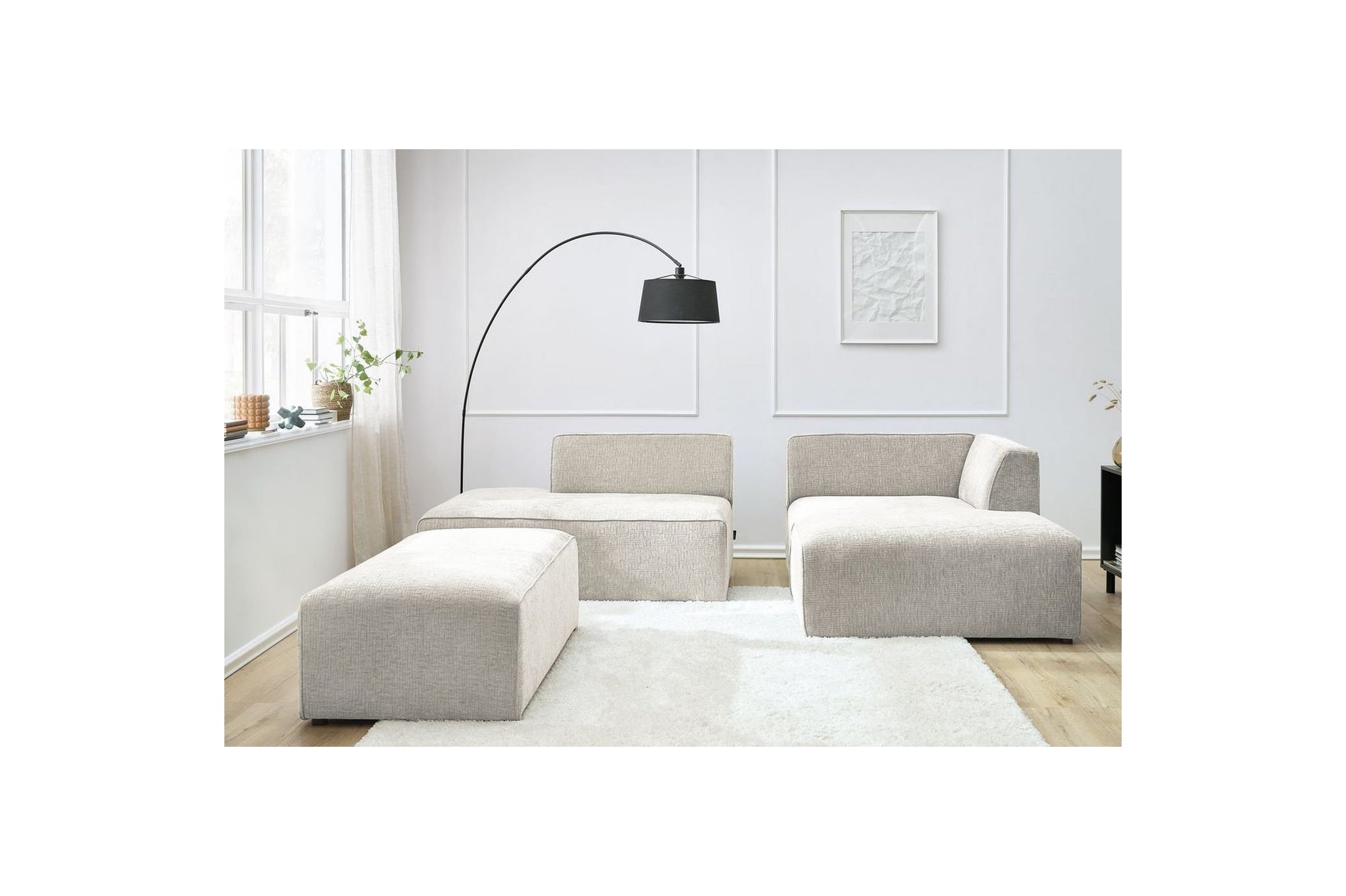 MEGEVE modular fixed corner sofa in textured fabric with pouffe - Right-hand corner - BOBOCHIC - The Bradery