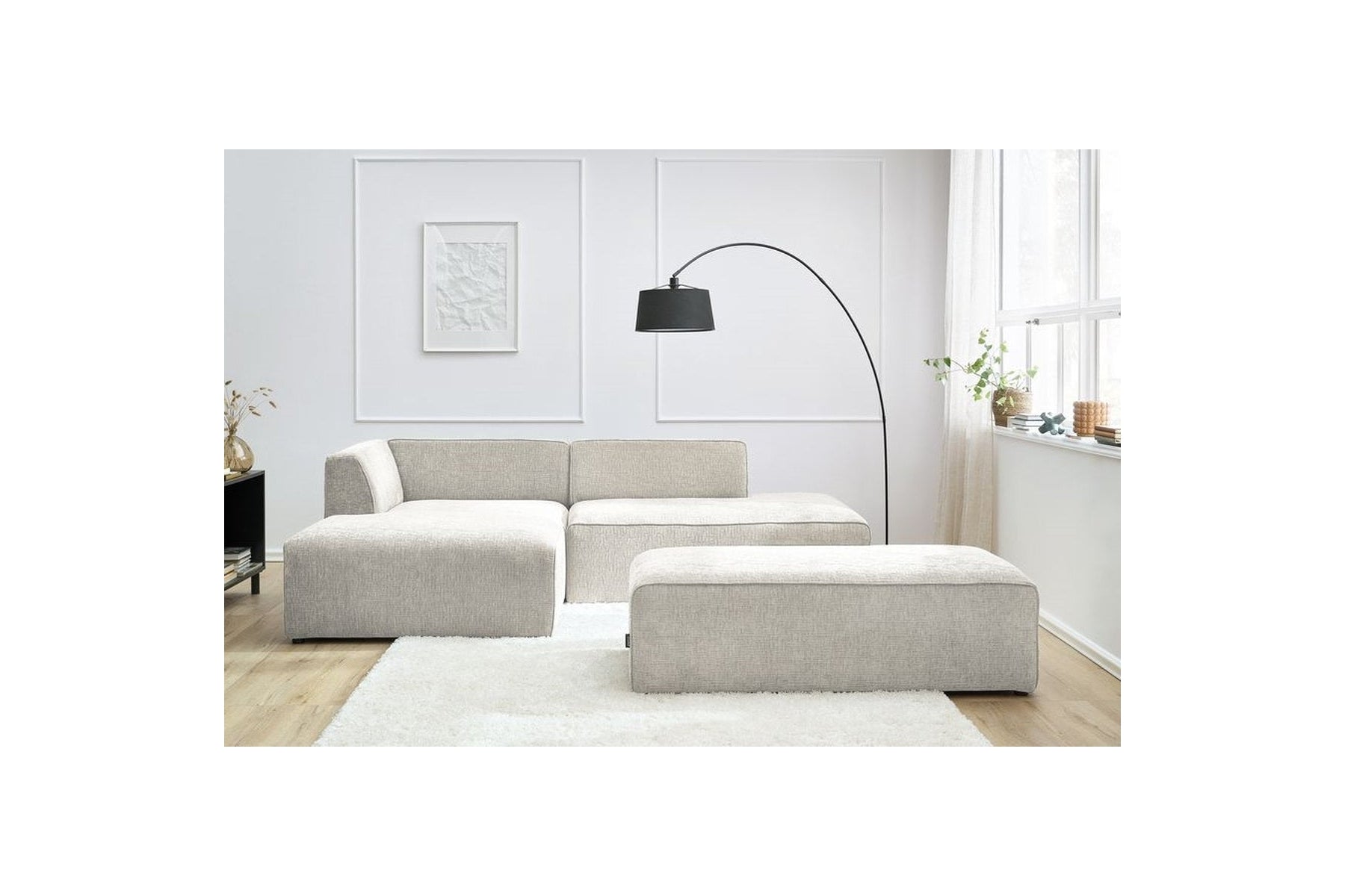 MEGEVE modular fixed corner sofa in textured fabric with pouffe - Left-hand corner - BOBOCHIC - The Bradery