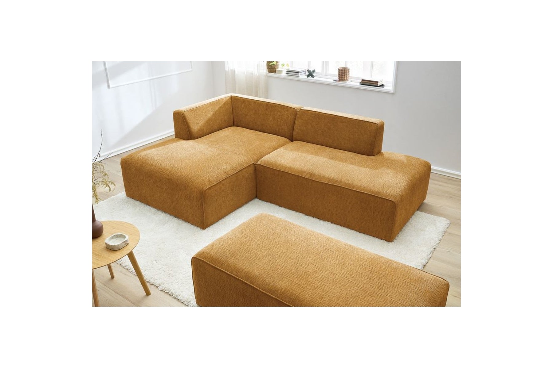 MEGEVE modular fixed corner sofa in textured fabric with pouffe - Left-hand corner - BOBOCHIC - The Bradery