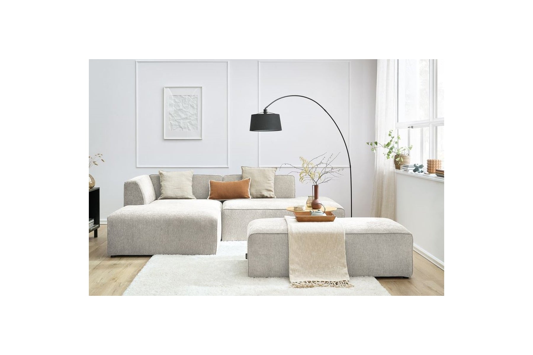 MEGEVE modular fixed corner sofa in textured fabric with pouffe - Left-hand corner - BOBOCHIC - The Bradery