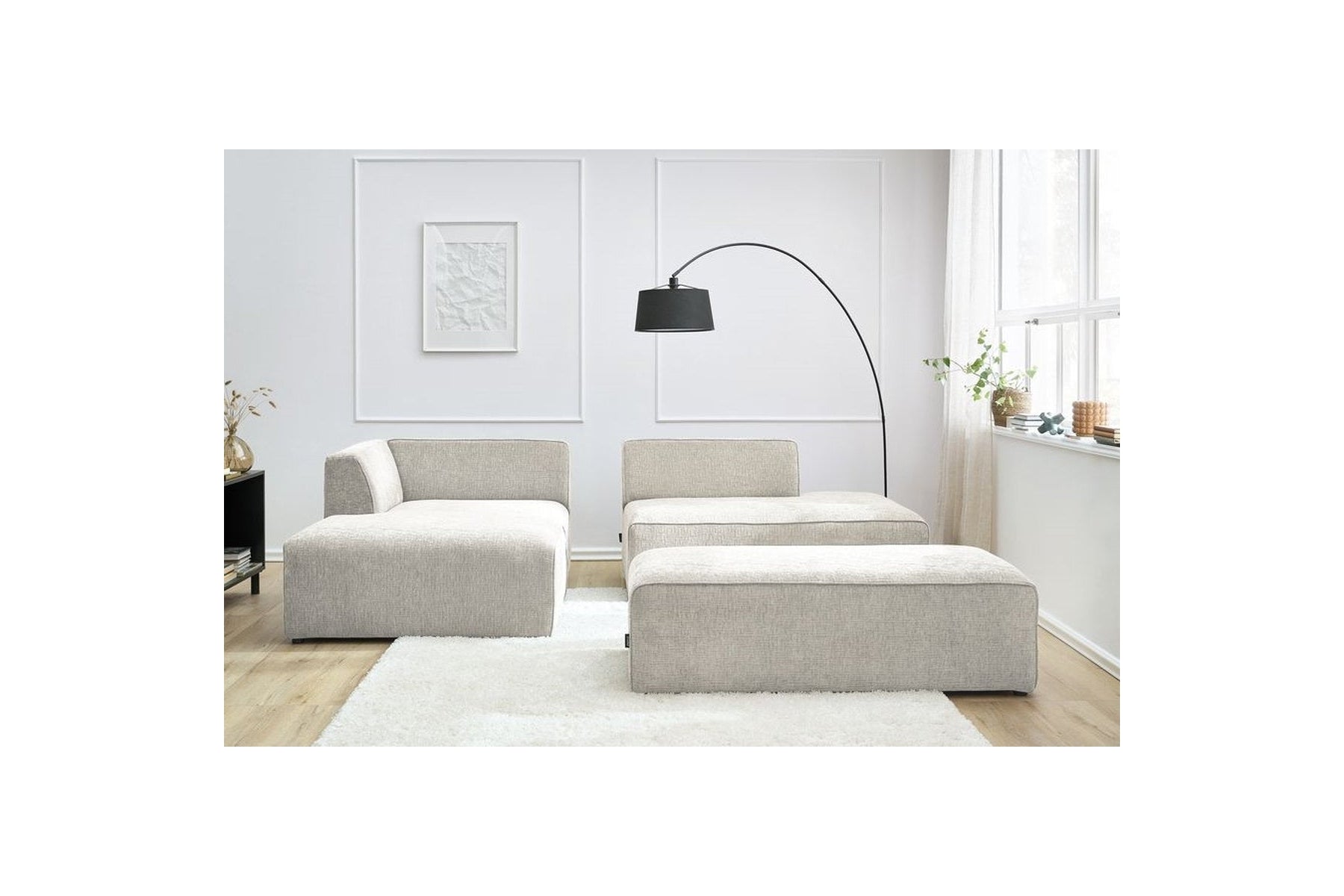 MEGEVE modular fixed corner sofa in textured fabric with pouffe - Left-hand corner - BOBOCHIC - The Bradery