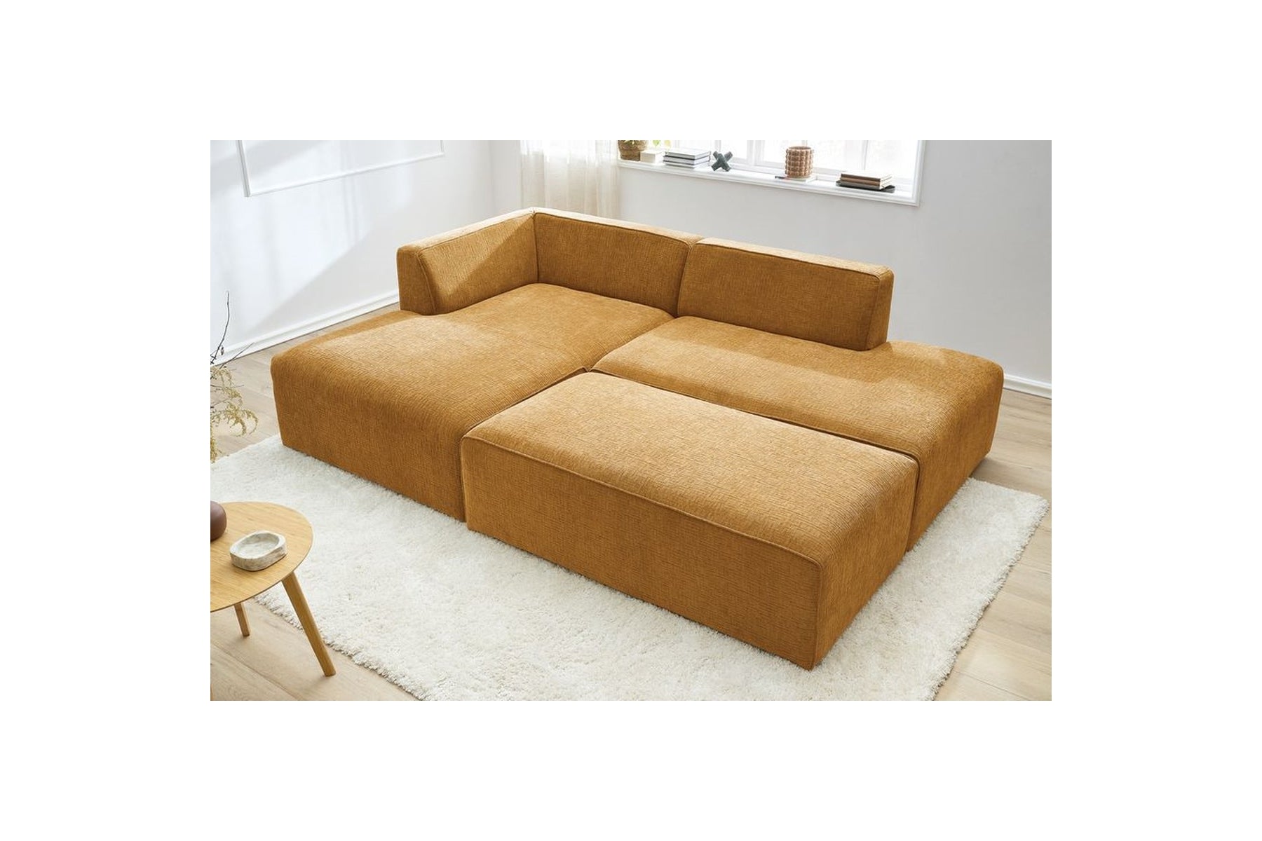 MEGEVE modular fixed corner sofa in textured fabric with pouffe - Left-hand corner - BOBOCHIC - The Bradery
