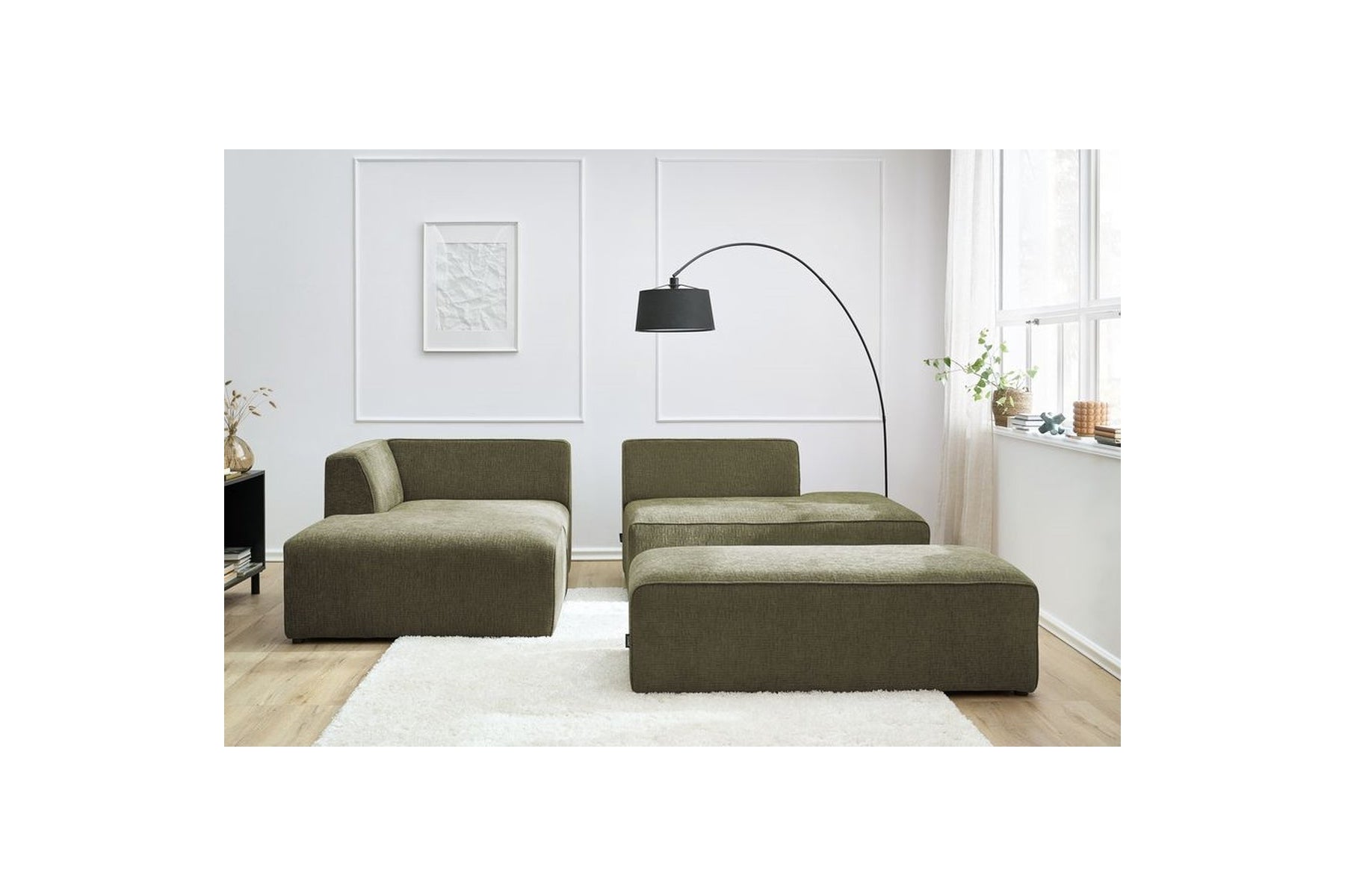 MEGEVE modular fixed corner sofa in textured fabric with pouffe - Left-hand corner - BOBOCHIC - The Bradery