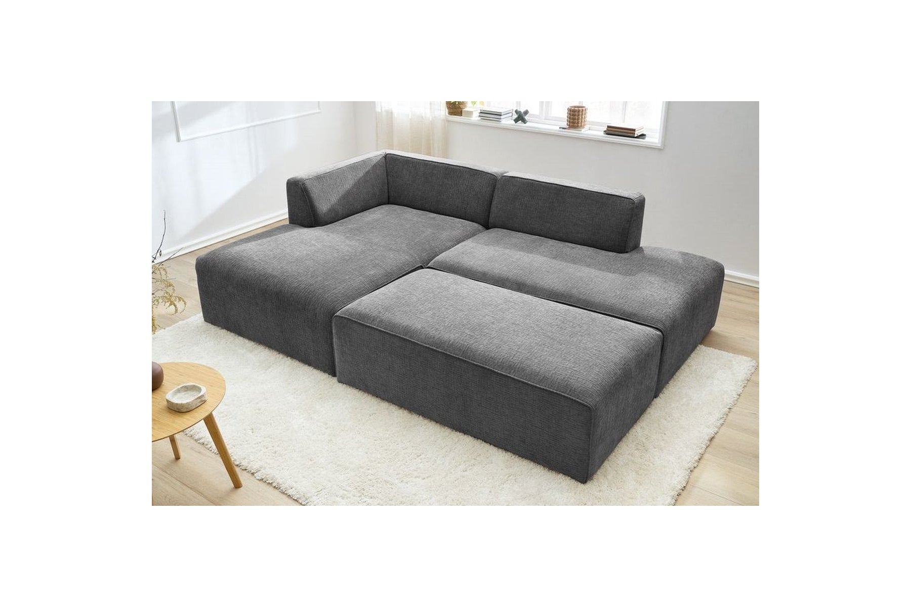 MEGEVE modular fixed corner sofa in textured fabric with pouffe - Left-hand corner - BOBOCHIC - The Bradery