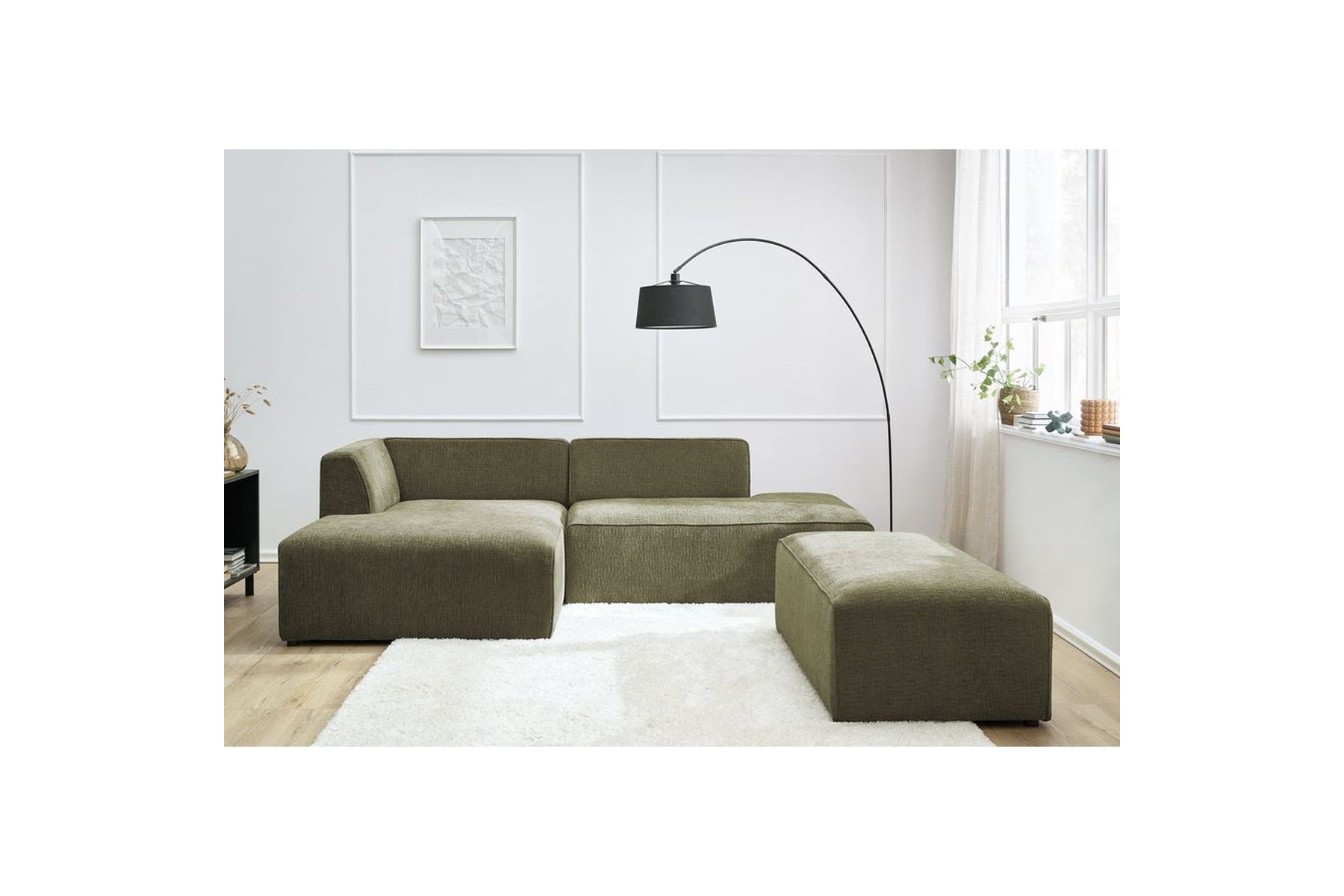 MEGEVE modular fixed corner sofa in textured fabric with pouffe - Left-hand corner - BOBOCHIC - The Bradery