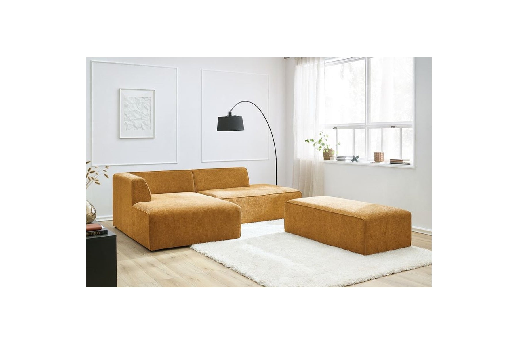 MEGEVE modular fixed corner sofa in textured fabric with pouffe - Left-hand corner - BOBOCHIC - The Bradery