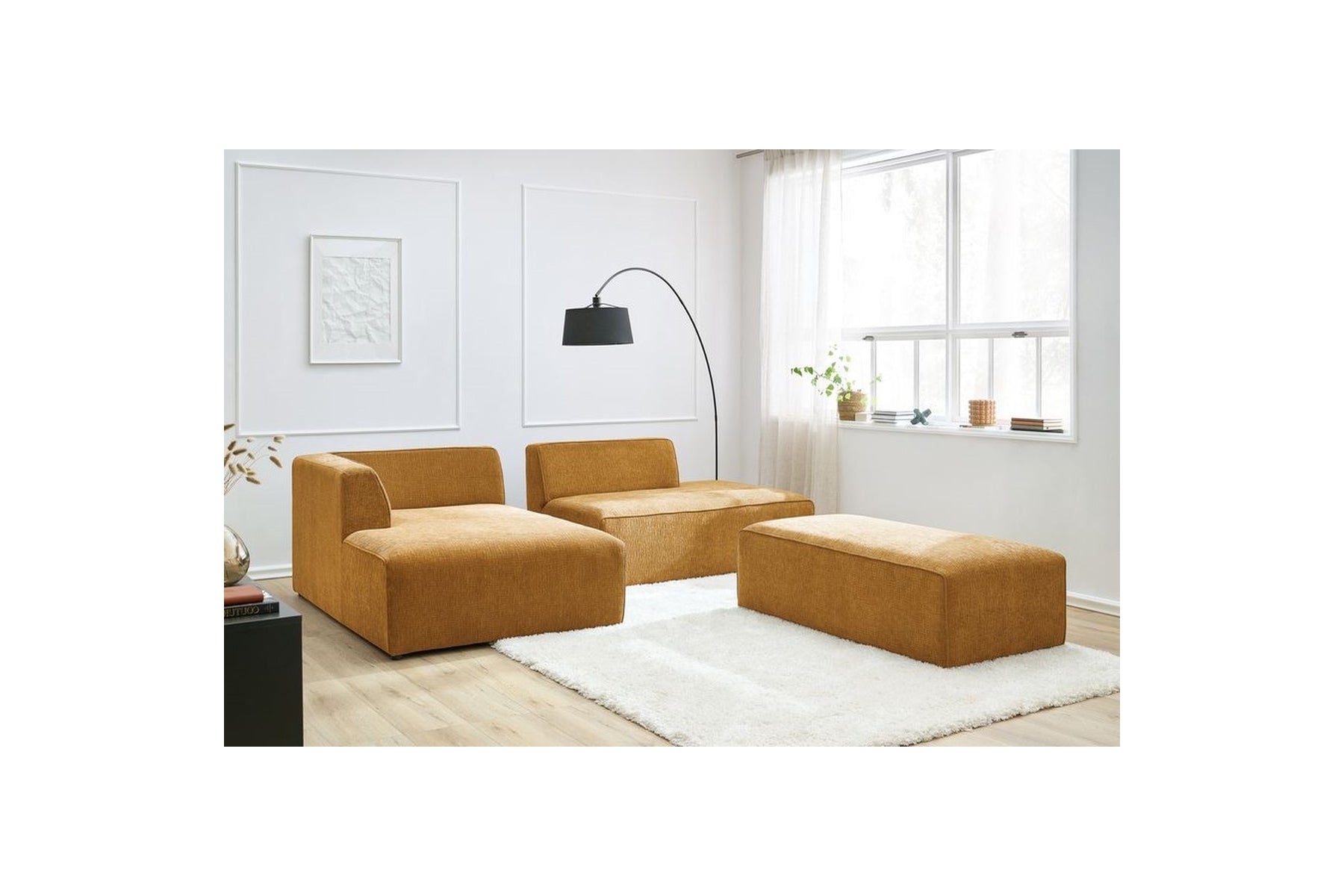 MEGEVE modular fixed corner sofa in textured fabric with pouffe - Left-hand corner - BOBOCHIC - The Bradery
