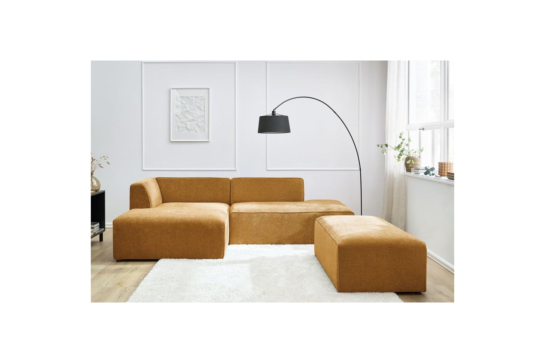 MEGEVE modular fixed corner sofa in textured fabric with pouffe - Left-hand corner - BOBOCHIC - The Bradery
