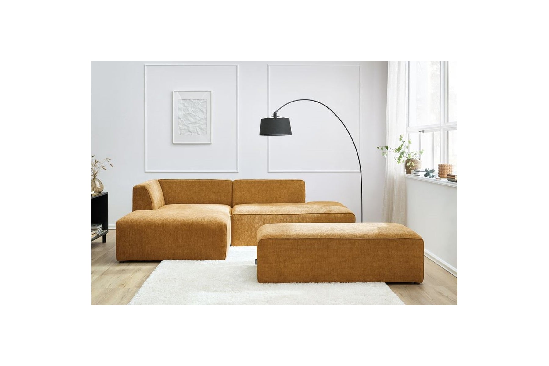 MEGEVE modular fixed corner sofa in textured fabric with pouffe - Left-hand corner - BOBOCHIC - The Bradery