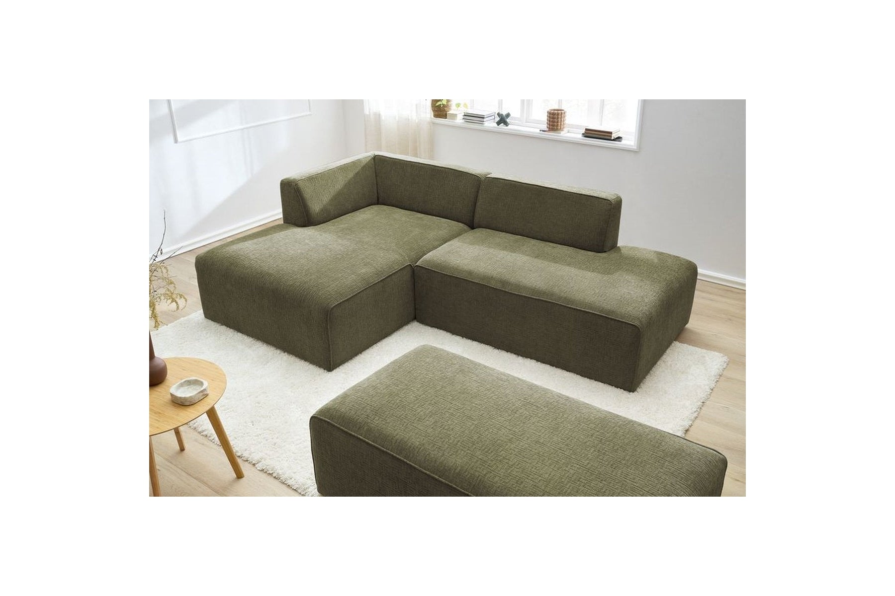 MEGEVE modular fixed corner sofa in textured fabric with pouffe - Left-hand corner - BOBOCHIC - The Bradery