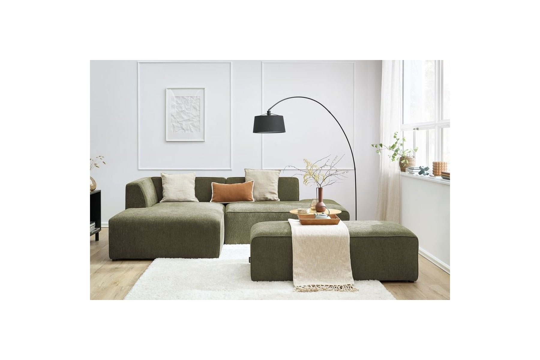 MEGEVE modular fixed corner sofa in textured fabric with pouffe - Left-hand corner - BOBOCHIC - The Bradery