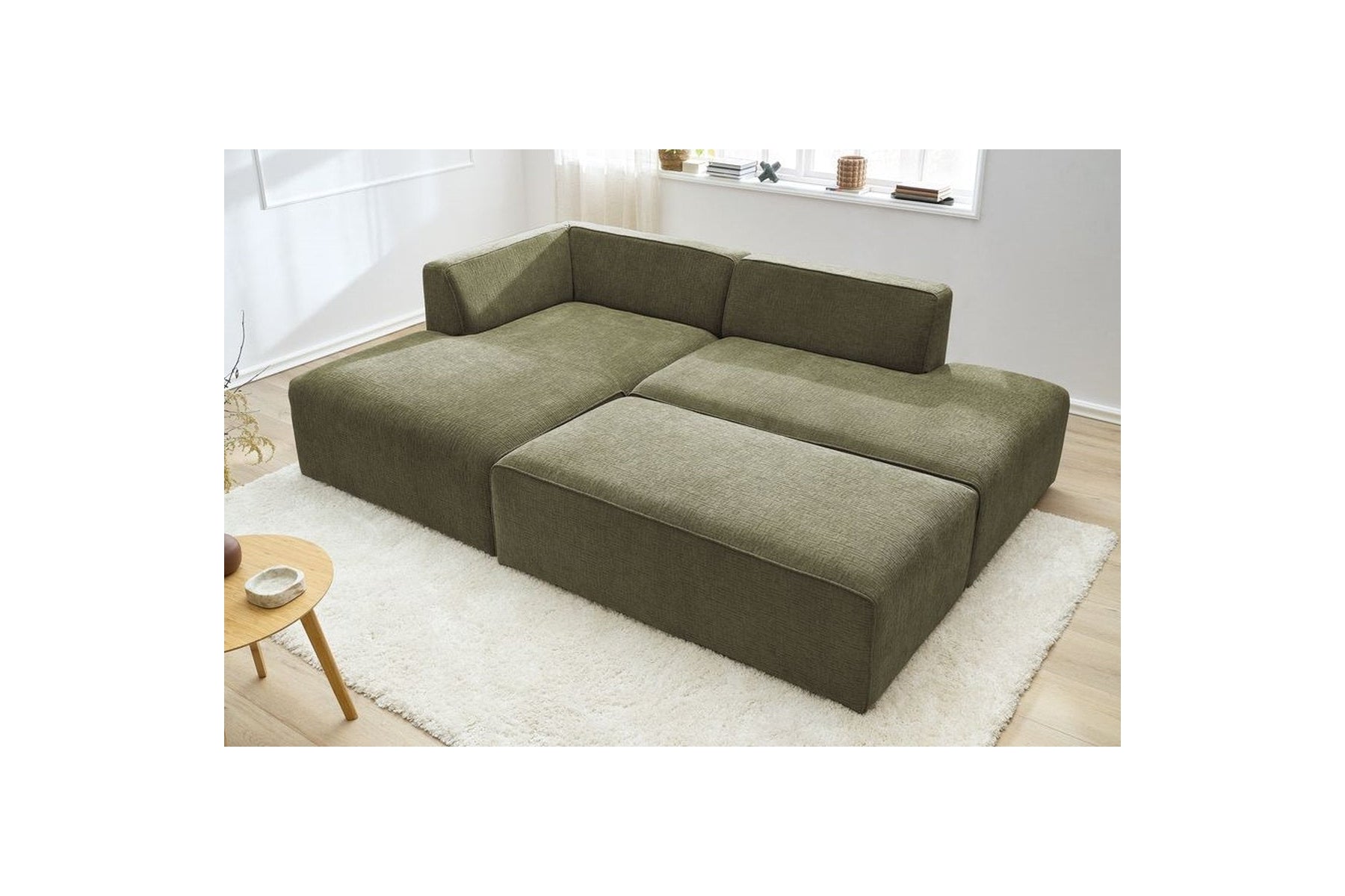 MEGEVE modular fixed corner sofa in textured fabric with pouffe - Left-hand corner - BOBOCHIC - The Bradery