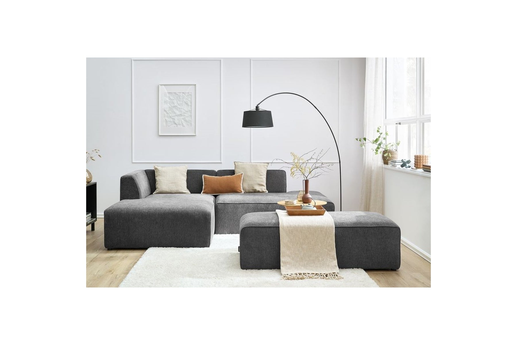 MEGEVE modular fixed corner sofa in textured fabric with pouffe - Left-hand corner - BOBOCHIC - The Bradery