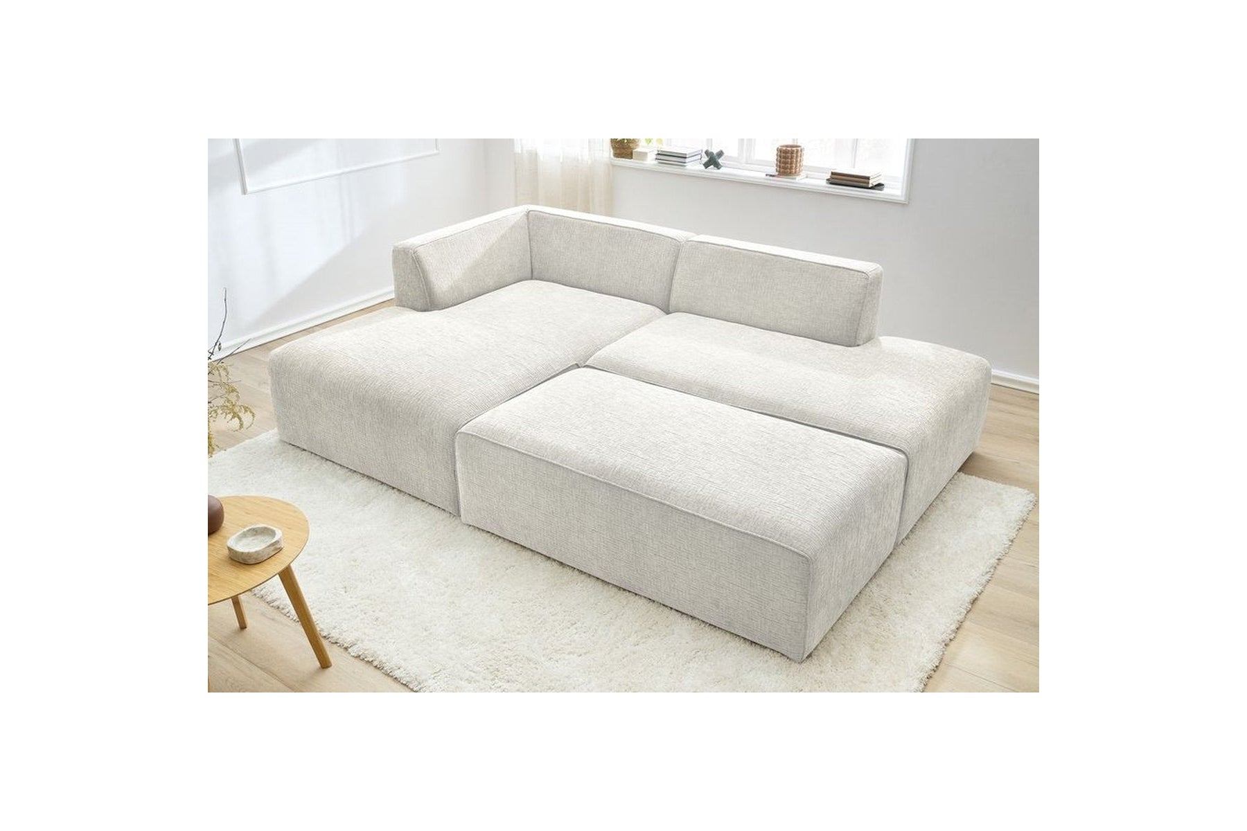 MEGEVE modular fixed corner sofa in textured fabric with pouffe - Left-hand corner - BOBOCHIC - The Bradery