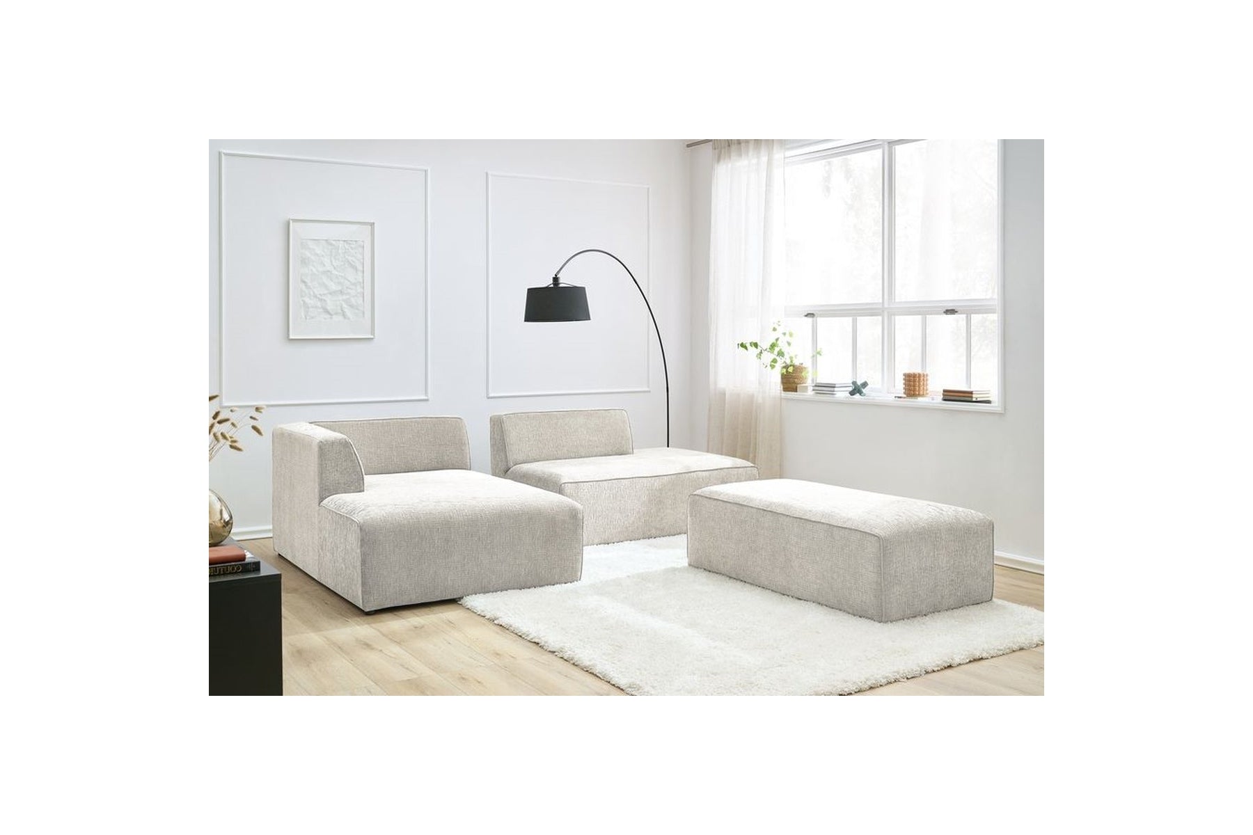 MEGEVE modular fixed corner sofa in textured fabric with pouffe - Left-hand corner - BOBOCHIC - The Bradery