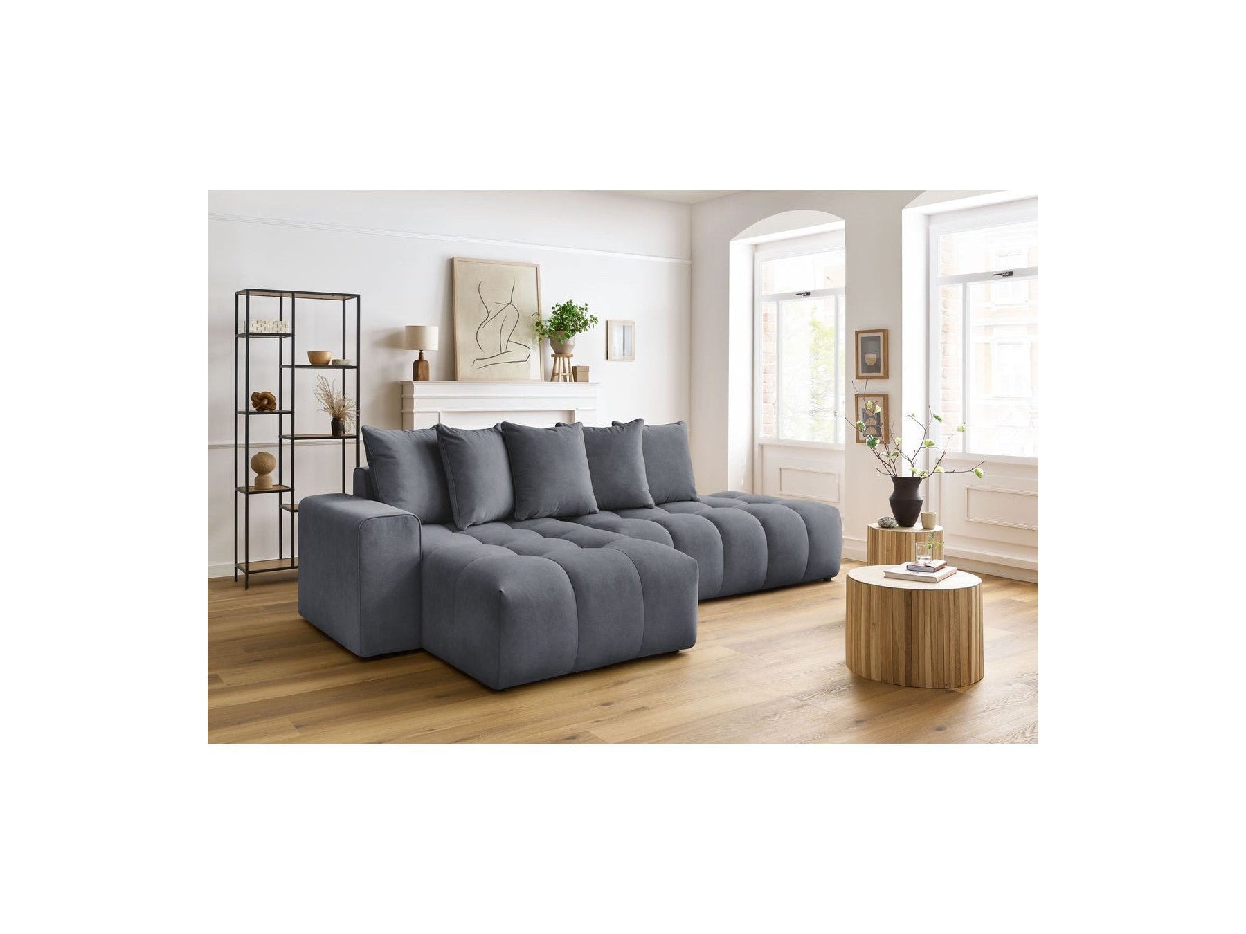MONT WHITE fixed corner sofa in velvet - Left-hand corner - BOBOCHIC - The Bradery