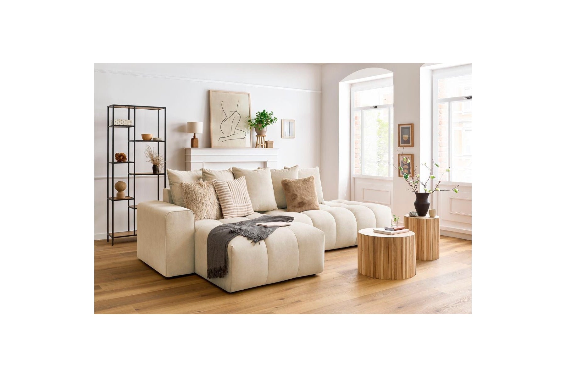 MONT WHITE fixed corner sofa in velvet - Left-hand corner - BOBOCHIC - The Bradery