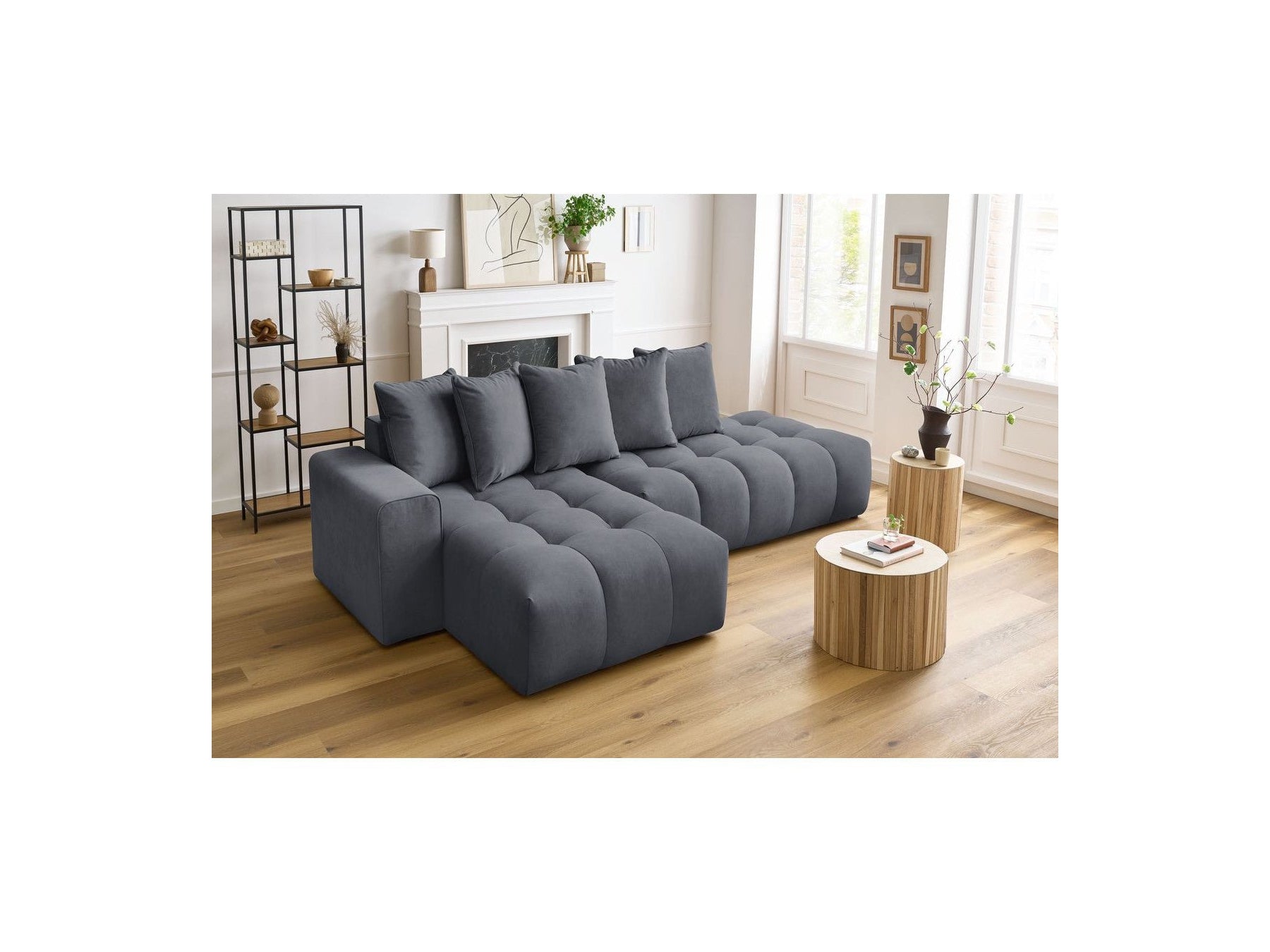 MONT WHITE fixed corner sofa in velvet - Left-hand corner - BOBOCHIC - The Bradery
