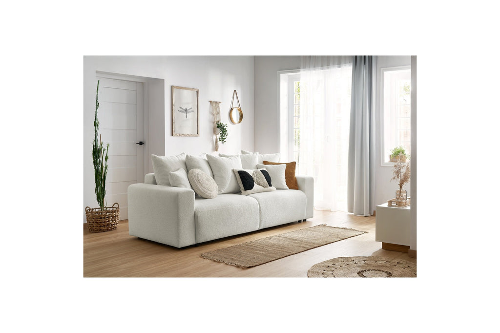 Straight convertible sofa bed with storage ENVY in soft bouclé fabric - BOBOCHIC - The Bradery