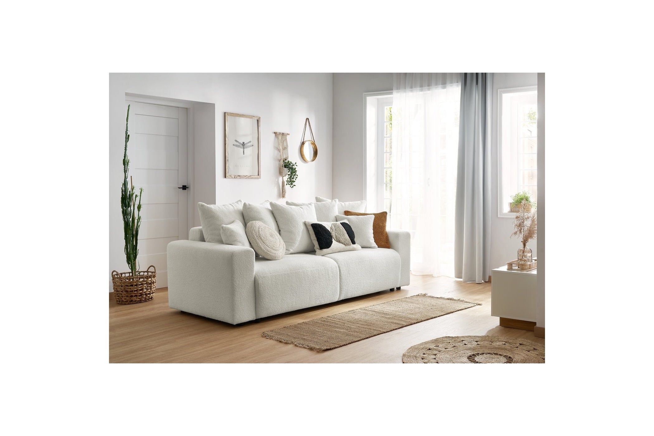 Straight convertible sofa bed with storage ENVY in soft bouclé fabric - BOBOCHIC - The Bradery