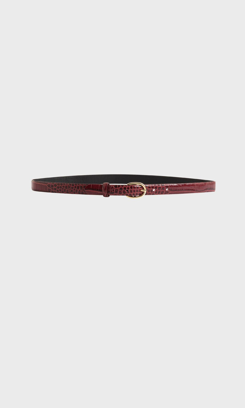 Thin Belt with Oval Buckle in Crocodile Effect Leather - Burgundy BELT Gerard Darel