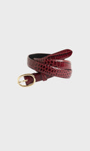 Thin Belt with Oval Buckle in Crocodile Effect Leather - Burgundy BELT Gerard Darel