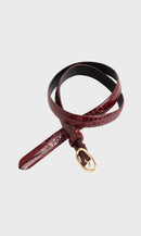 Thin Belt with Oval Buckle in Crocodile Effect Leather - Burgundy BELT Gerard Darel