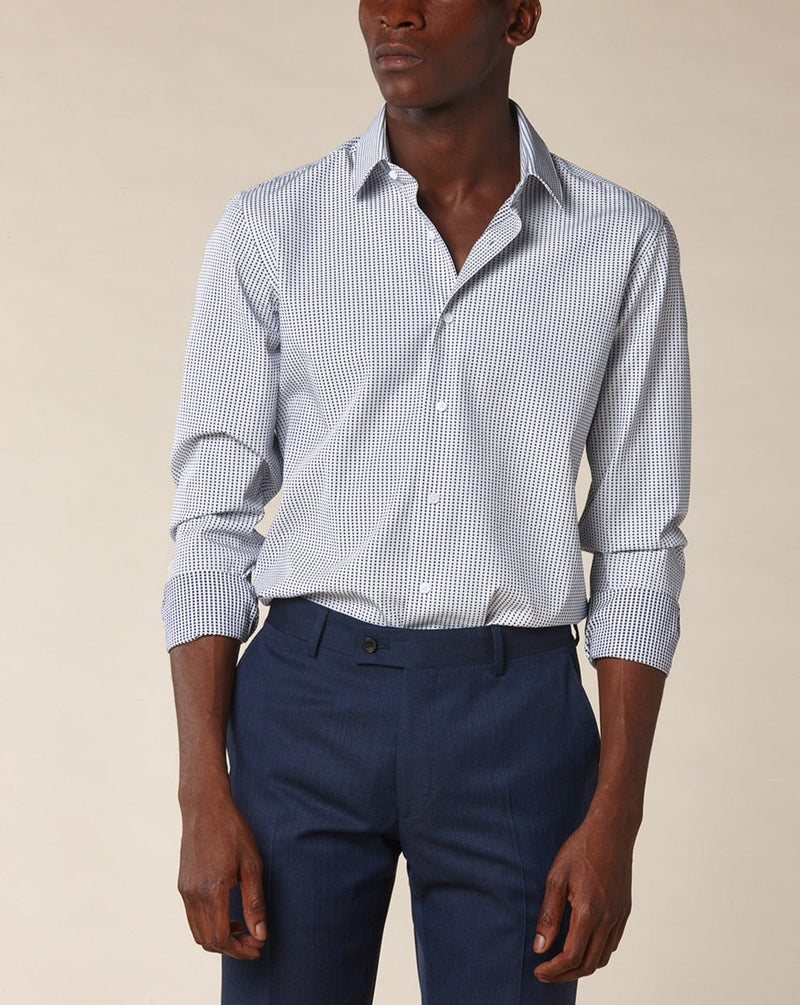 Cotton Poplin Shirt - Blanc, Navy Blue Dots - De Fursac - The Bradery