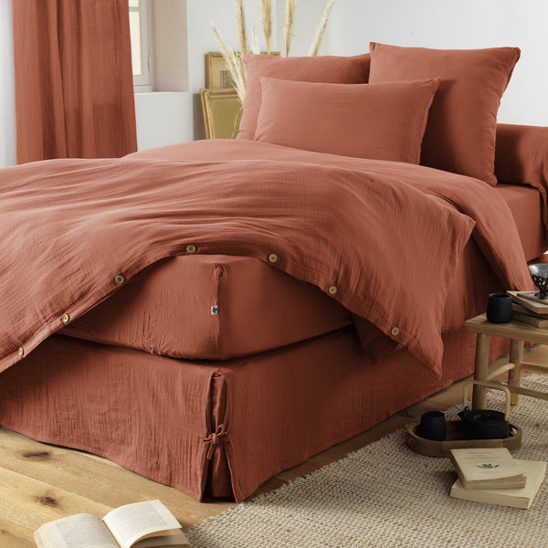 Cotton Gauze Fitted Sheet Gaia Terracotta - L'Effet Papillon - The Bradery