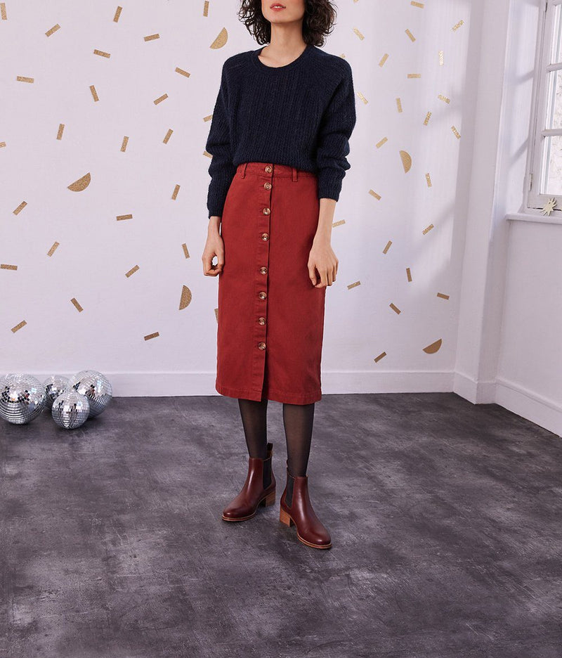 Falda a media pierna con botones en la parte delantera Erine - Ladrillo - Des Petits Hauts - The Bradery