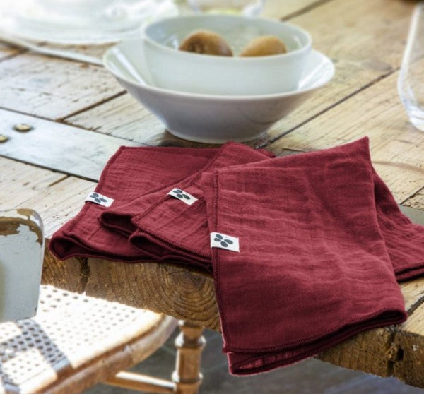 Juego De 3 Servilletas De Gasa De Algodón Gaïa Rojo Vino - El Efecto Mariposa - The Bradery