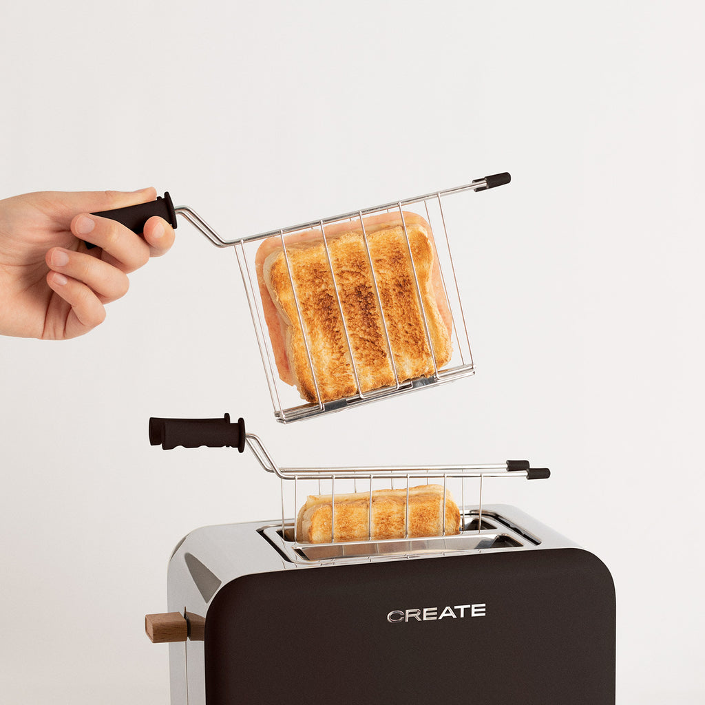 Pack Toast Retro - Tostadora Pequeña De Ranuras Anchas + 2 Rejillas Para Sándwiches - Negro