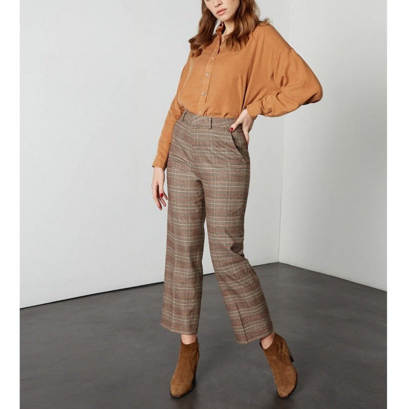 Pantalon Cigarette Pantalon Straight Cropped Laryfancy - Camel Checks - Reiko - The Bradery