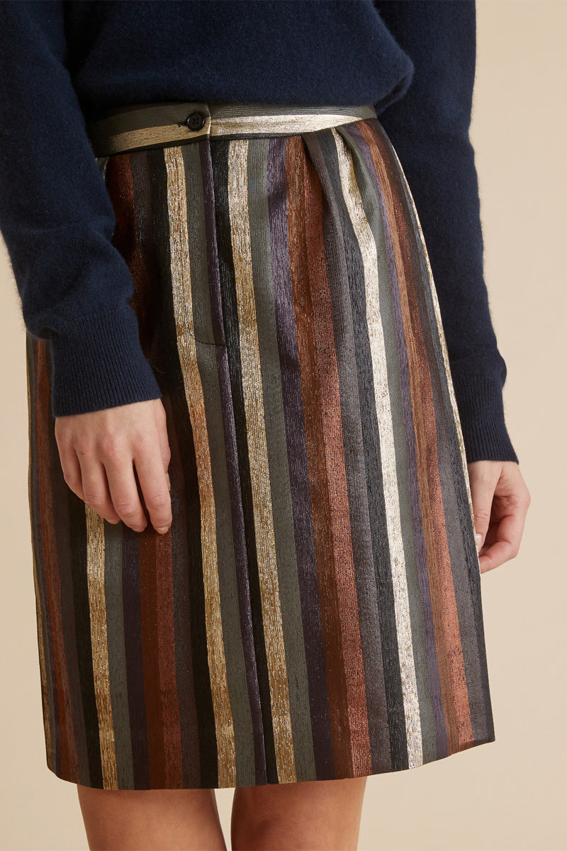 Jupe droite taille haute Bordeaux et doré - Femme