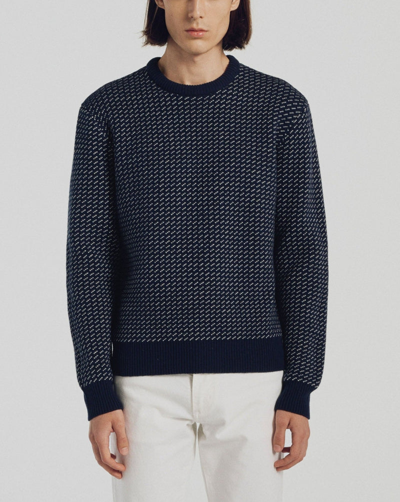 Navy Blue Virgin Wool Round Neck Sweater - Navy Blue, Ecru Jersey Dots - De Fursac - The Bradery