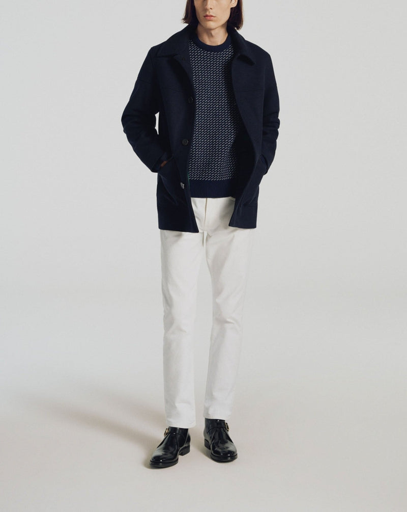 Navy Blue Virgin Wool Round Neck Sweater - Navy Blue, Ecru Jersey Dots - De Fursac - The Bradery