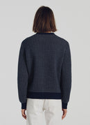 Navy Blue Virgin Wool Round Neck Sweater - Navy Blue, Ecru Jersey Dots - De Fursac - The Bradery