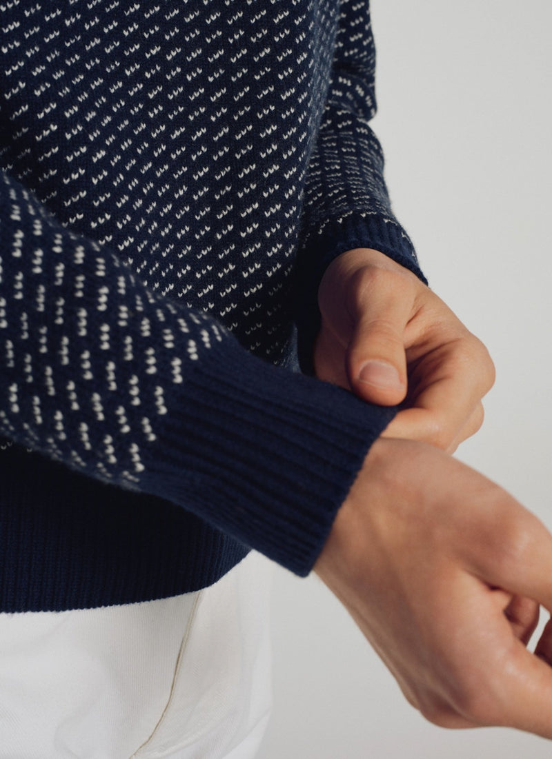 Navy Blue Virgin Wool Round Neck Sweater - Navy Blue, Ecru Jersey Dots - De Fursac - The Bradery